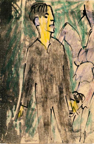 ERICH HECKEL, Varieté-Szene "Handstand", 1922, 15,2 x 10,0 cm, Farbige Kreide, rückseitig von Heckel als Postkarte beschriftet