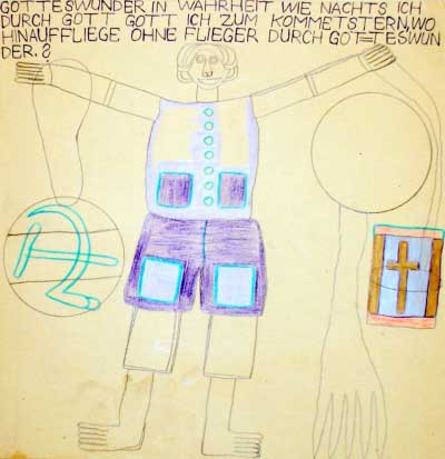 AUGUST WALLA, Gotteswunder, 70er Jahre, 31,0 x 30,0 cm, Farbstiftzeichnung, signiert und betitelt